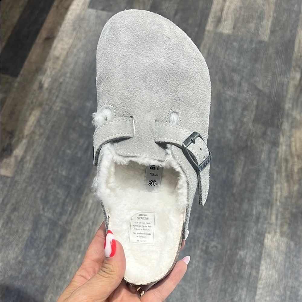 Gray Suede Buckle Slip-On Sandals